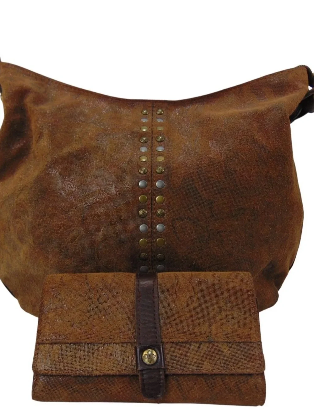 Patricia Nash Tooled Leather Hobo Bag Wallet Set Brown Floral Embossed